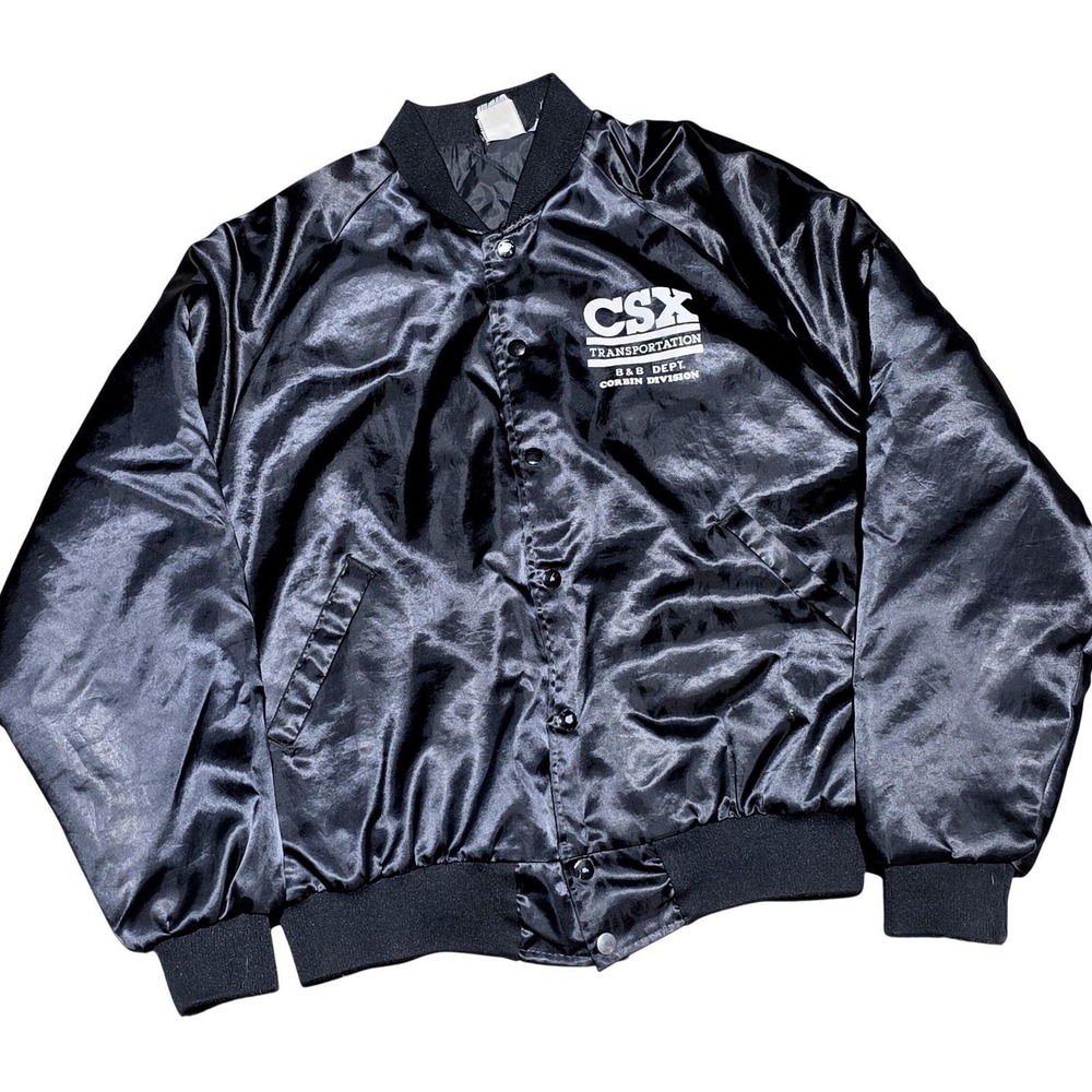 Vintage Hilton‎ CSX Transportation Satin Bomber Jacket Mens Large Black USA Made